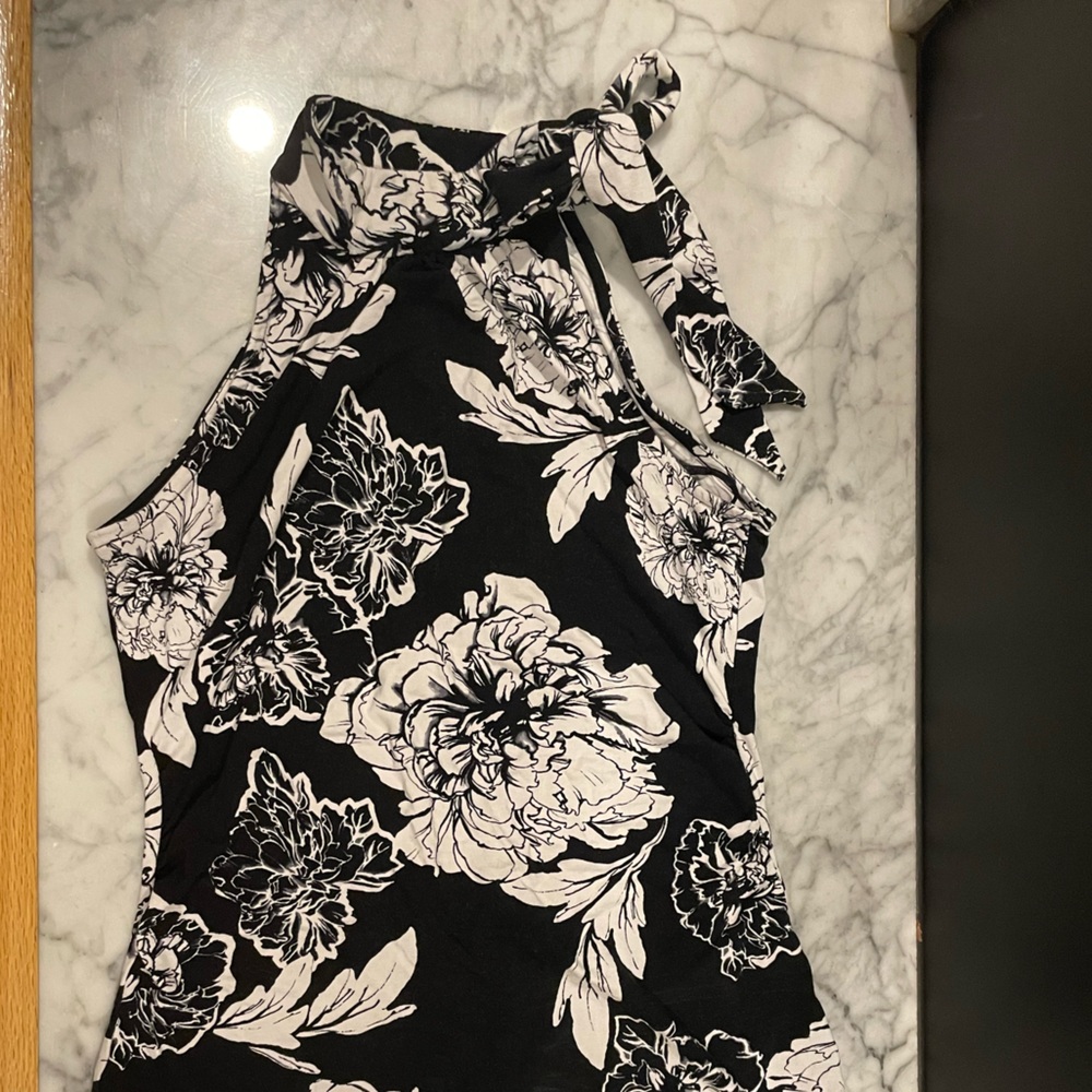White House Black Market Black & White Flower Halter Top with Tie